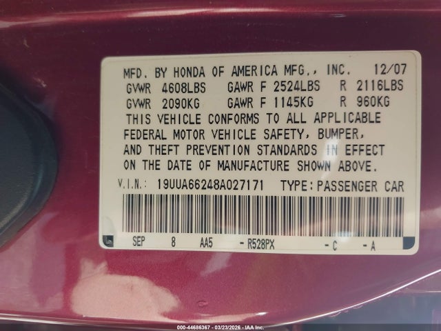 2008 ACURA TL 19UUA66248A027171 Photo 8