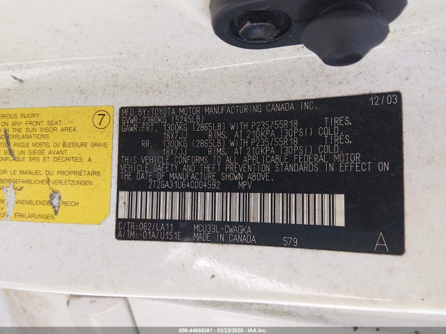 44686381 :رقم المزاد ، 2T2GA31U64C004592 vin ، 2004 Lexus Rx 330 مزاد بيع