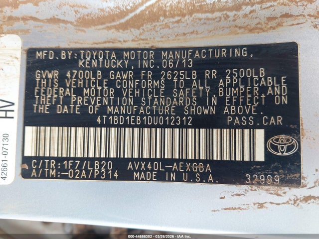 Продаж на аукціоні авто 2013 Toyota Avalon Hybrid Xle Premium, vin: 4T1BD1EB1DU012312, номер лоту: 44686382