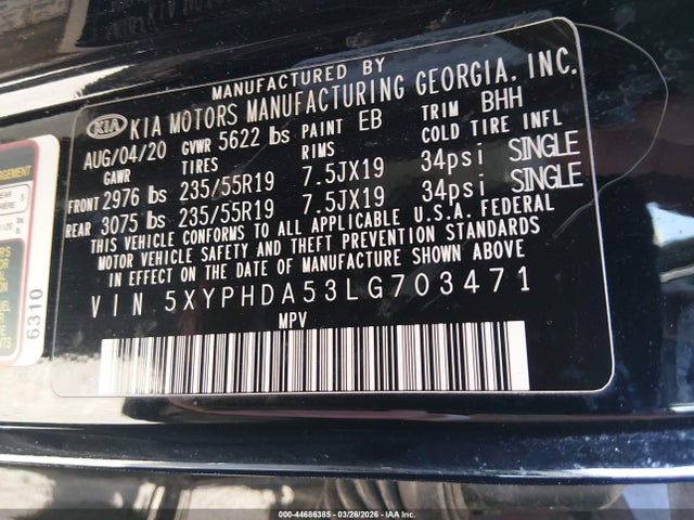 2020 Kia Sorento 3.3l Ex მანქანა იყიდება აუქციონზე, vin: 5XYPHDA53LG703471, აუქციონის ნომერი: 44686385