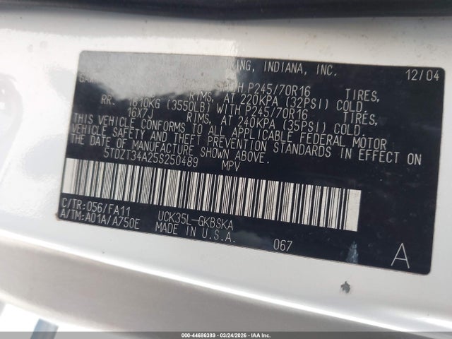 2005 Toyota Sequoia Sr5 V8 მანქანა იყიდება აუქციონზე, vin: 5TDZT34A25S250489, აუქციონის ნომერი: 44686389