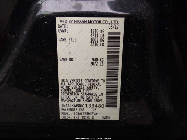 Aukcja sprzedaży 2013 Nissan Altima 2.5 Sv, vin: 1N4AL3AP8DC133480, numer aukcji: 44686413