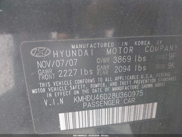 Aukcja sprzedaży 2008 Hyundai Elantra Gls/se, vin: KMHDU46D28U360975, numer aukcji: 44686422
