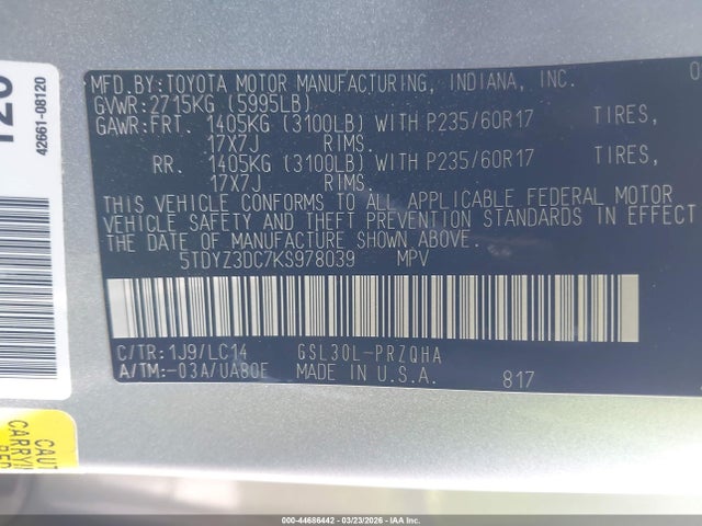 5TDYZ3DC7KS978039 Toyota Sienna Xle Premium 8 Passenger