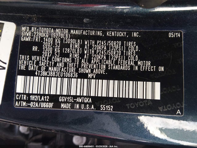 4T3BK3BB3EU106836 Toyota Venza Limited V6