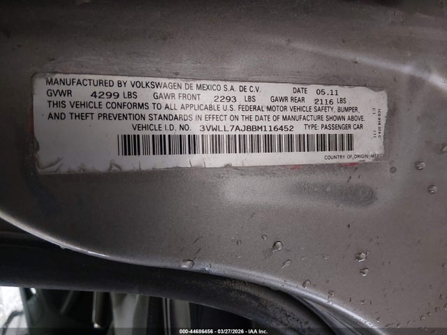 44686456 :رقم المزاد ، 3VWLL7AJ8BM116452 vin ، 2011 Volkswagen Jetta 2.0l Tdi مزاد بيع
