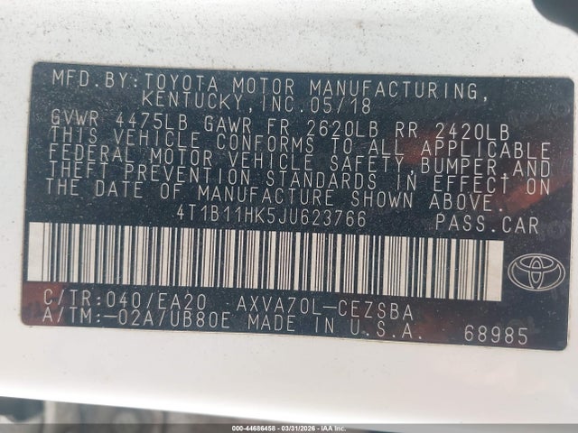 Продаж на аукціоні авто 2018 Toyota Camry Se, vin: 4T1B11HK5JU623766, номер лоту: 44686458