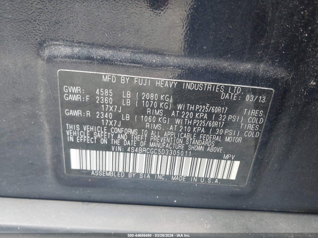44686490 :رقم المزاد ، 4S4BRCGC5D3305011 vin ، 2013 Subaru Outback 2.5i Premium مزاد بيع