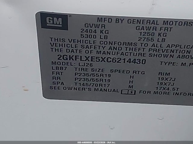 2012 Gmc Terrain Slt-2 მანქანა იყიდება აუქციონზე, vin: 2GKFLXE5XC6214430, აუქციონის ნომერი: 44686508