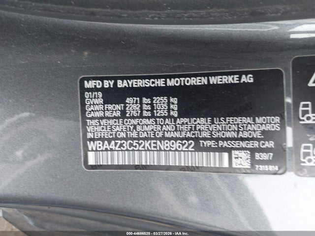 Продаж на аукціоні авто 2019 Bmw 430i Xdrive, vin: WBA4Z3C52KEN89622, номер лоту: 44686525