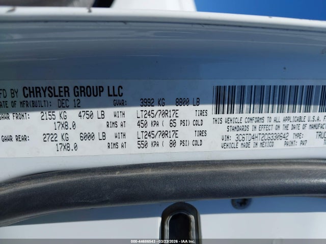 44686543 :رقم المزاد ، 3C6TD4HT2CG330642 vin ، 2012 Ram 2500 St مزاد بيع