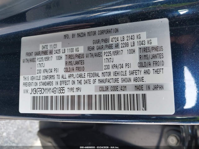 Продажа на аукционе авто 2021 Mazda Cx-5 Touring, vin: JM3KFBCM1M1491865, номер лота: 44686555