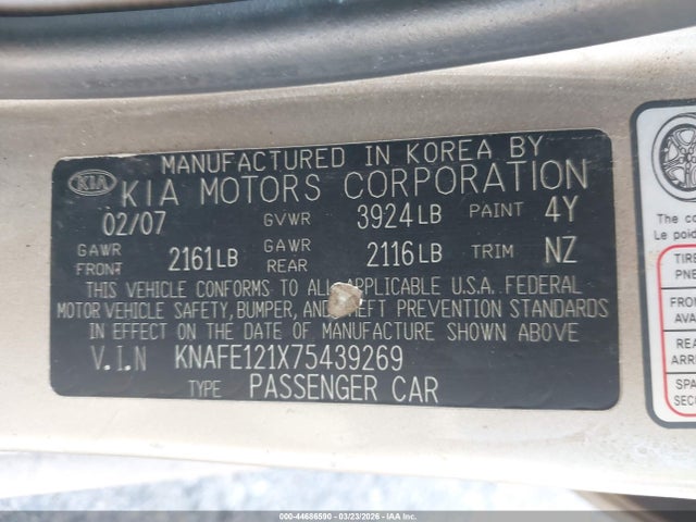 44686590 :رقم المزاد ، KNAFE121X75439269 vin ، 2007 Kia Spectra Ex مزاد بيع