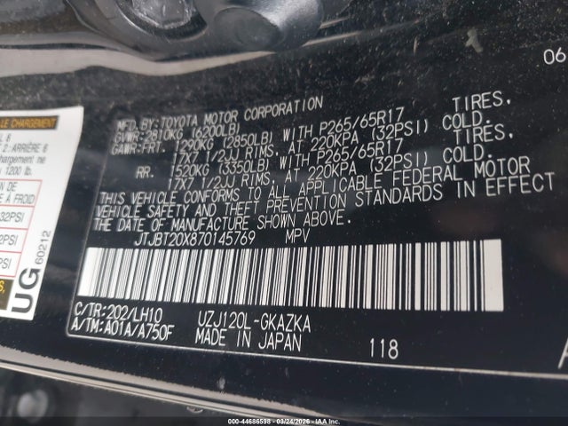 2007 Lexus Gx 470 მანქანა იყიდება აუქციონზე, vin: JTJBT20X870145769, აუქციონის ნომერი: 44686598