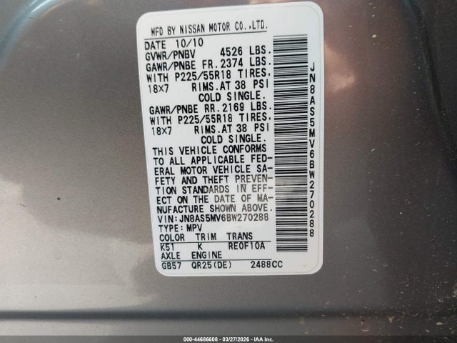 44686608 :رقم المزاد ، JN8AS5MV6BW270288 vin ، 2011 Nissan Rogue Sv مزاد بيع