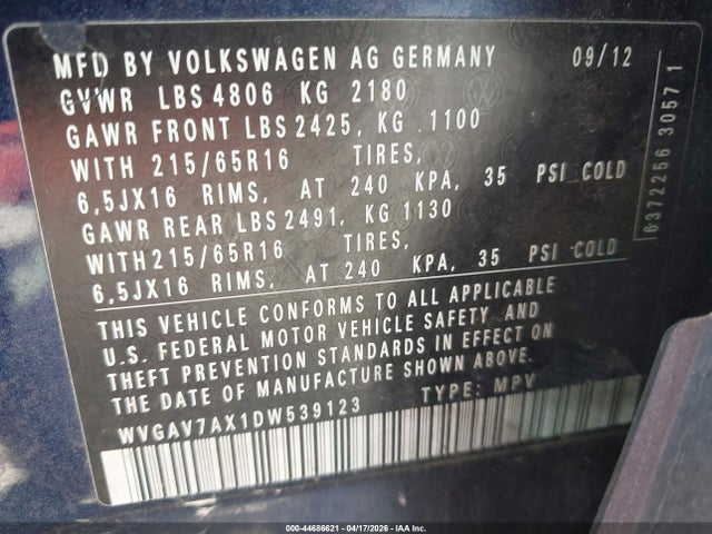 Продаж на аукціоні авто 2013 Volkswagen Tiguan S, vin: WVGAV7AX1DW539123, номер лоту: 44686621