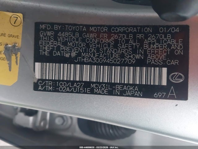 Продаж на аукціоні авто 2004 Lexus Es 330, vin: JTHBA30G945027709, номер лоту: 44686630