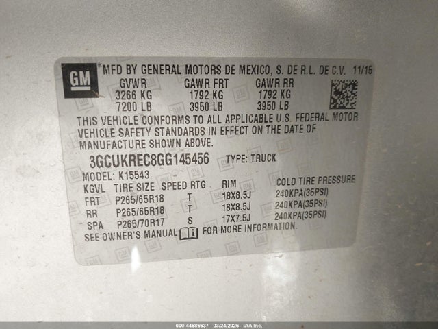 2016 Chevrolet Silverado 1500 1lt მანქანა იყიდება აუქციონზე, vin: 3GCUKREC8GG145456, აუქციონის ნომერი: 44686637