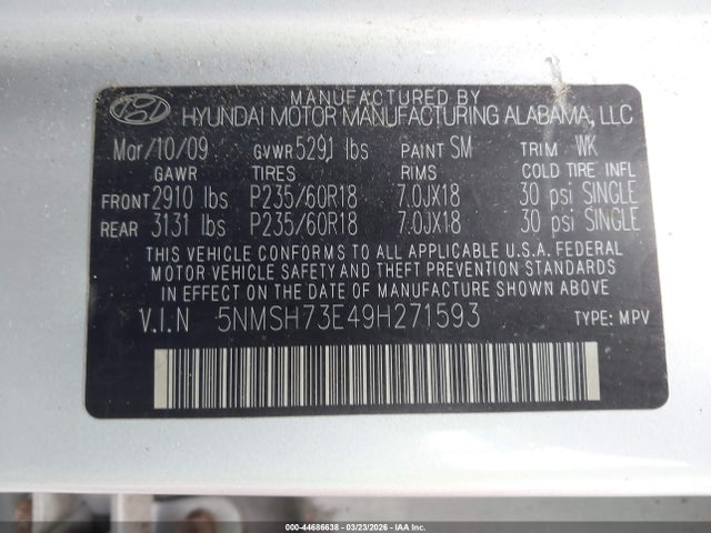 2009 HYUNDAI SANTA FE 5NMSH73E49H271593 Photo 8