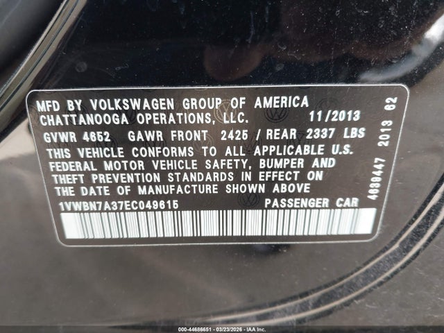 Продажа на аукционе авто 2014 Volkswagen Passat 2.0l Tdi Se, vin: 1VWBN7A37EC049615, номер лота: 44686651