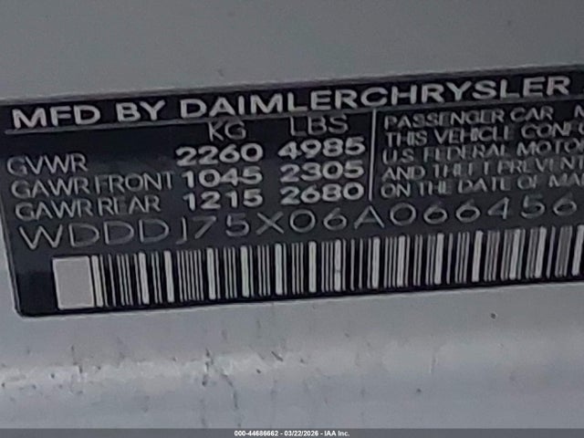 44686662 :رقم المزاد ، WDDDJ75X06A066456 vin ، 2006 Mercedes-benz Cls 500 مزاد بيع