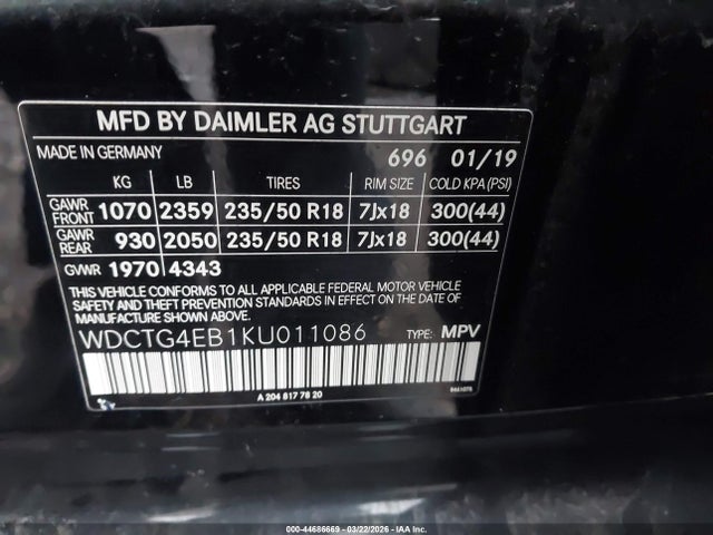 44686669 :رقم المزاد ، WDCTG4EB1KU011086 vin ، 2019 Mercedes-benz Gla 250 مزاد بيع