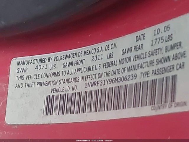 Продажа на аукционе авто 2006 Volkswagen New Beetle 2.5/2.5 (a6), vin: 3VWRF31Y96M306239, номер лота: 44686673
