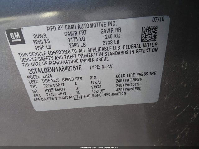 Aukcja sprzedaży 2010 Gmc Terrain Sle-2, vin: 2CTALDEW1A6407516, numer aukcji: 44686699
