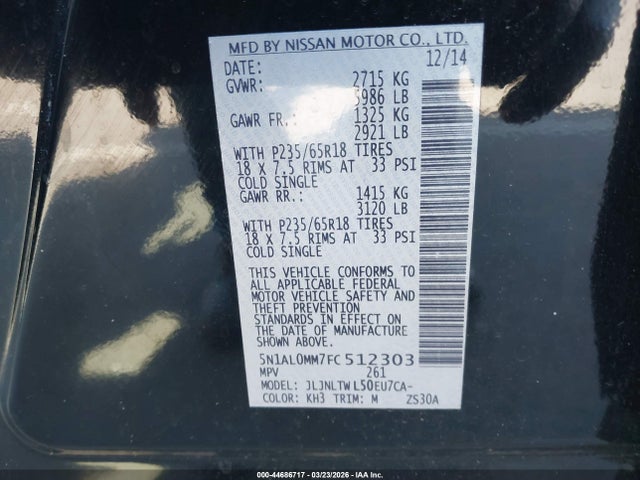 Aukcja sprzedaży 2015 Infiniti Qx60, vin: 5N1AL0MM7FC512303, numer aukcji: 44686717