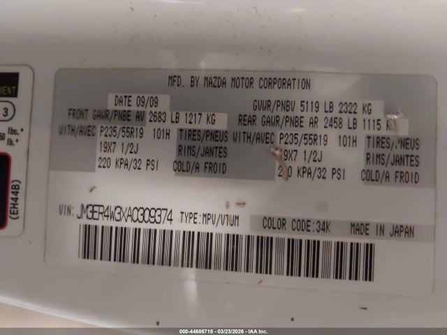 Auction sale of the 2010 Mazda Cx-7 S Grand Touring/s Touring, vin: JM3ER4W3XA0309374, lot number: 44686718