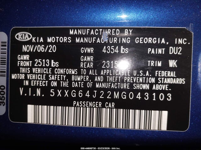 44686730 :رقم المزاد ، 5XXG64J22MG043103 vin ، 2021 Kia K5 Gt-line مزاد بيع