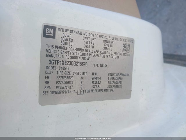 Aukcja sprzedaży 2012 Gmc Sierra 1500 Denali, vin: 3GTP1XE23CG215693, numer aukcji: 44686738