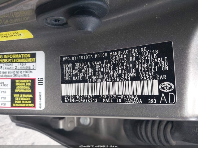 Aukcja sprzedaży 2019 Toyota Corolla Le, vin: 2T1BURHE4KC162871, numer aukcji: 44686753