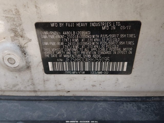 Продаж на аукціоні авто 2011 Subaru Forester 2.5x Premium, vin: JF2SHBDCXBH759195, номер лоту: 44686768