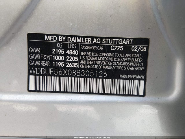 Aukcja sprzedaży 2008 Mercedes-benz E 350, vin: WDBUF56X08B305126, numer aukcji: 44686798