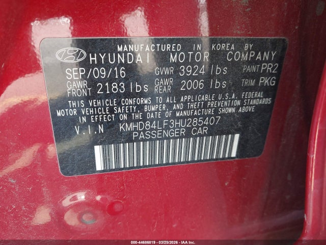 Aukcja sprzedaży 2017 Hyundai Elantra Limited, vin: KMHD84LF3HU285407, numer aukcji: 44686819