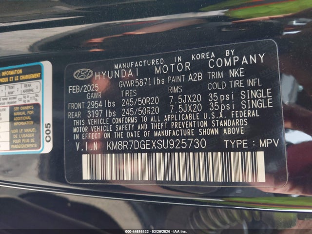 Aukcja sprzedaży 2025 Hyundai Palisade Calligraphy Night Edition, vin: KM8R7DGEXSU925730, numer aukcji: 44686822