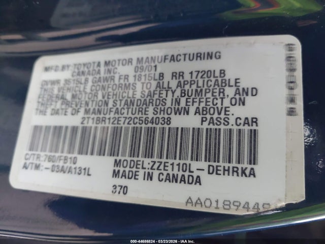 Продажа на аукционе авто 2002 Toyota Corolla Ce, vin: 2T1BR12E72C564038, номер лота: 44686824