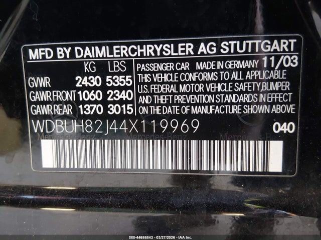 Aukcja sprzedaży 2004 Mercedes-benz E 320 4matic, vin: WDBUH82J44X119969, numer aukcji: 44686843