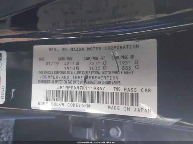 Aukcja sprzedaży 2019 Mazda Mazda3 Preferred Package, vin: JM1BPBDM7K1119867, numer aukcji: 44686859