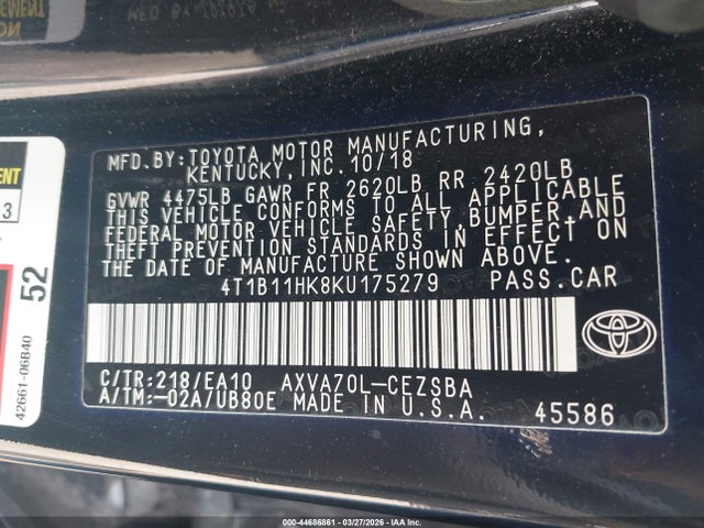 4T1B11HK8KU175279 Toyota CAMRY SE