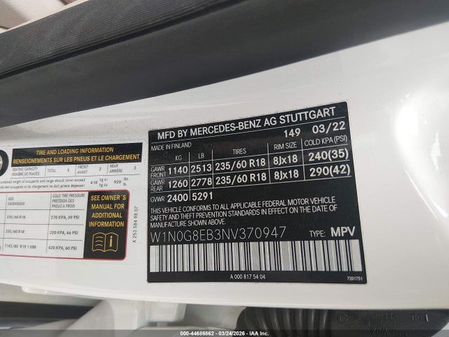 44686862 :رقم المزاد ، W1N0G8EB3NV370947 vin ، 2022 Mercedes-benz Glc 300 4matic Suv مزاد بيع