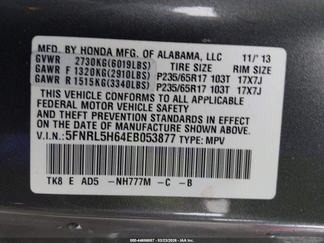44686887 :رقم المزاد ، 5FNRL5H64EB053877 vin ، 2014 Honda Odyssey Ex-l مزاد بيع