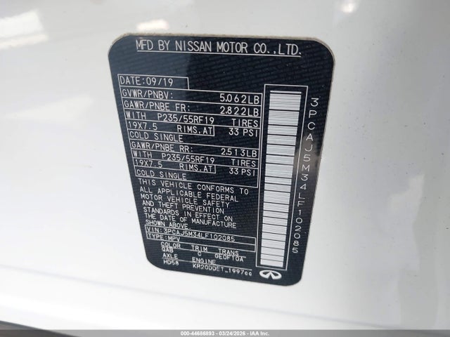 Aukcja sprzedaży 2020 Infiniti Qx50 Sensory Awd, vin: 3PCAJ5M34LF102085, numer aukcji: 44686893