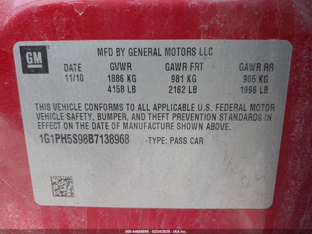 2011 Chevrolet Cruze Ltz მანქანა იყიდება აუქციონზე, vin: 1G1PH5S98B7138968, აუქციონის ნომერი: 44686895