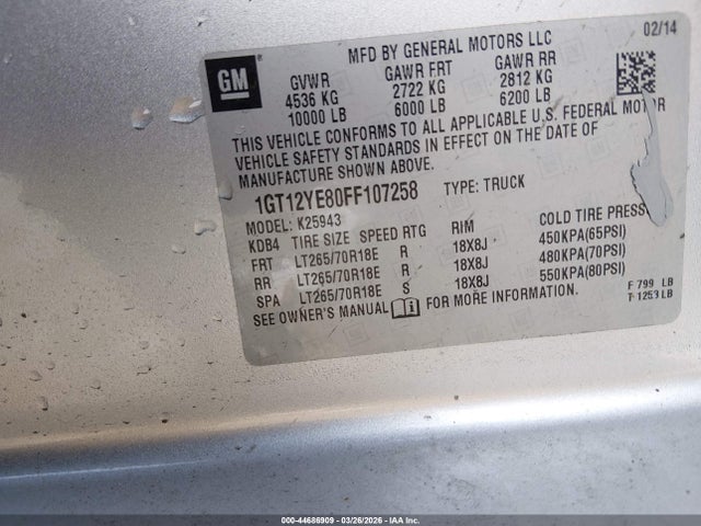 44686909 :رقم المزاد ، 1GT12YE80FF107258 vin ، 2015 Gmc Sierra 2500hd Sle مزاد بيع