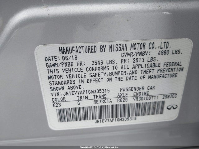 Продажа на аукционе авто 2016 Infiniti Q50 3.0t Premium, vin: JN1EV7AP1GM305315, номер лота: 44686927