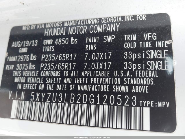 2013 HYUNDAI SANTA FE 5XYZU3LB2DG120523 Photo 8