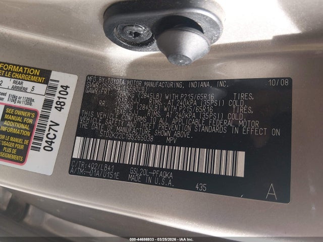 2009 TOYOTA SIENNA 5TDZK22C19S265038 Photo 8
