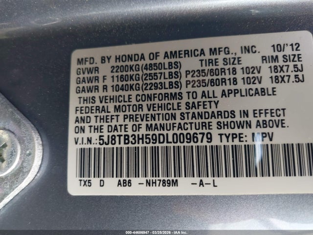 Продажа на аукционе авто 2013 Acura Rdx, vin: 5J8TB3H59DL009679, номер лота: 44686947